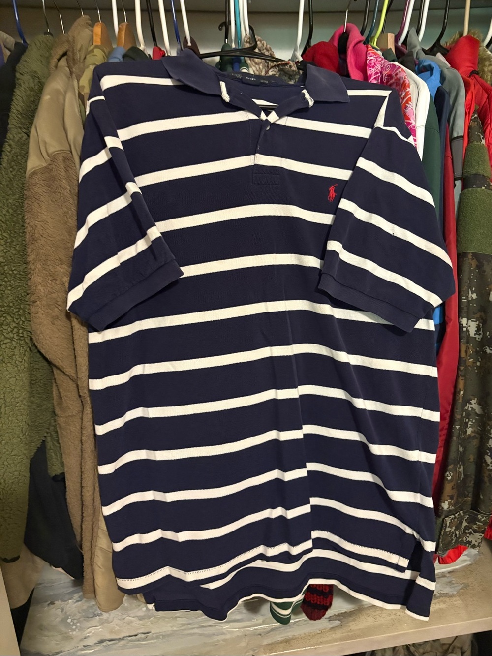 Men’s Vintage Ralph Lauren Navy & White Striped Polo with Red Pony
